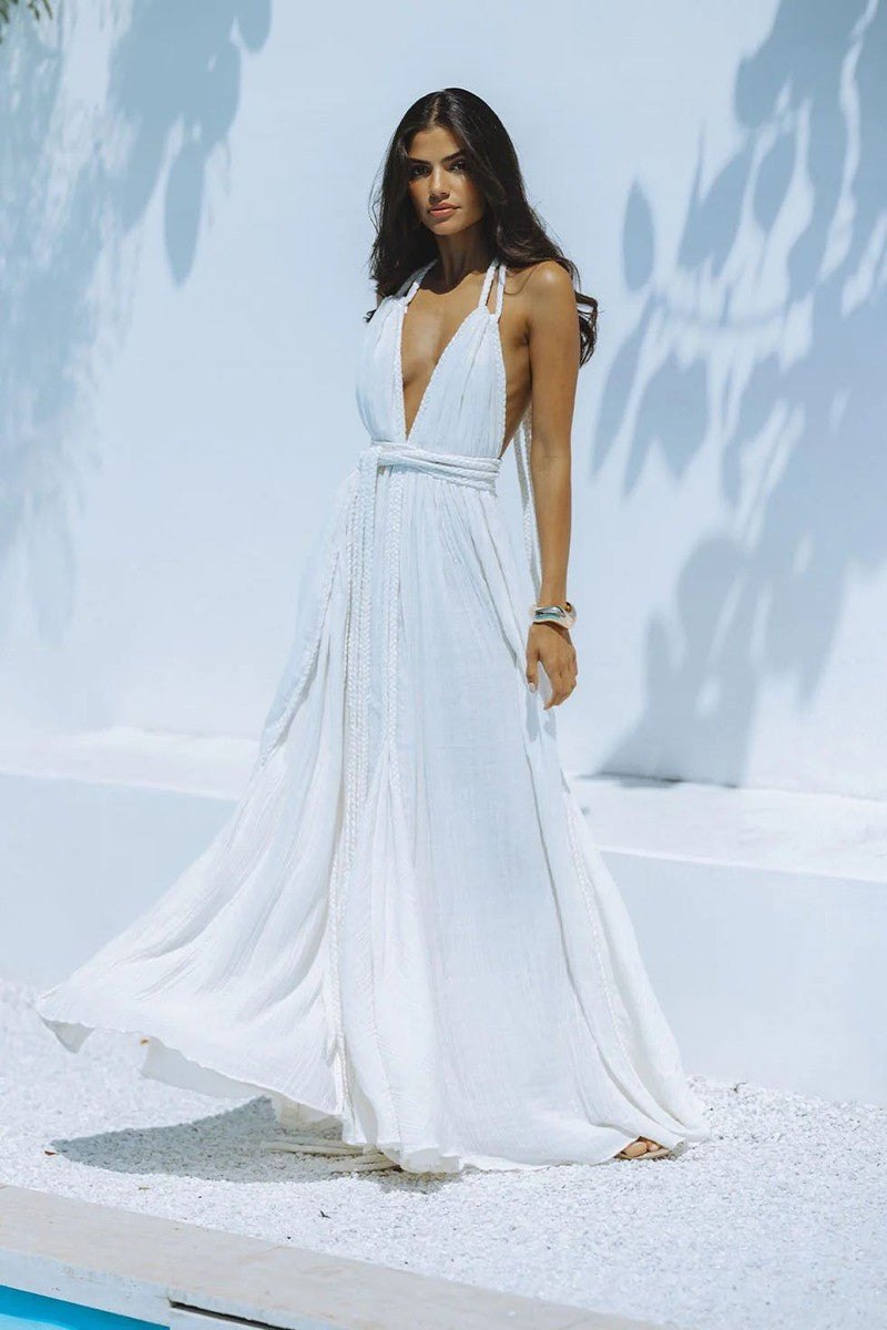 Abito estivo elegante con schiena scoperta e gonna lunga – In Bianco e Arancione TIAMUSE Abito