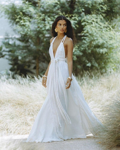 Abito estivo elegante con schiena scoperta e gonna lunga – In Bianco e Arancione TIAMUSE Abito