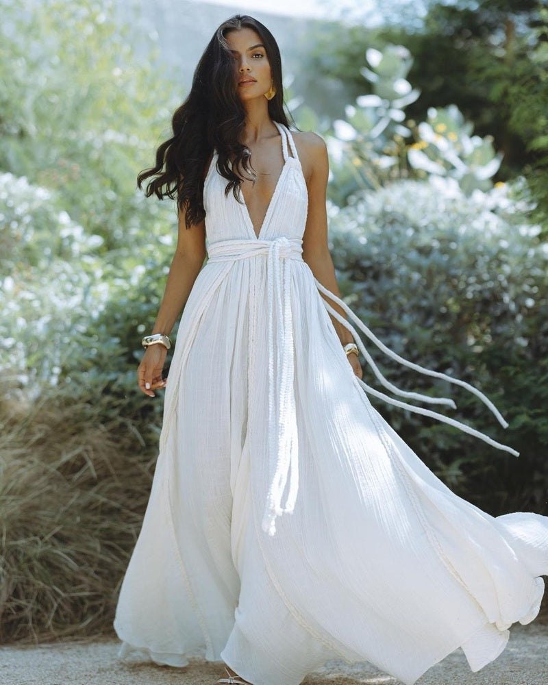 Abito estivo elegante con schiena scoperta e gonna lunga – In Bianco e Arancione TIAMUSE Abito