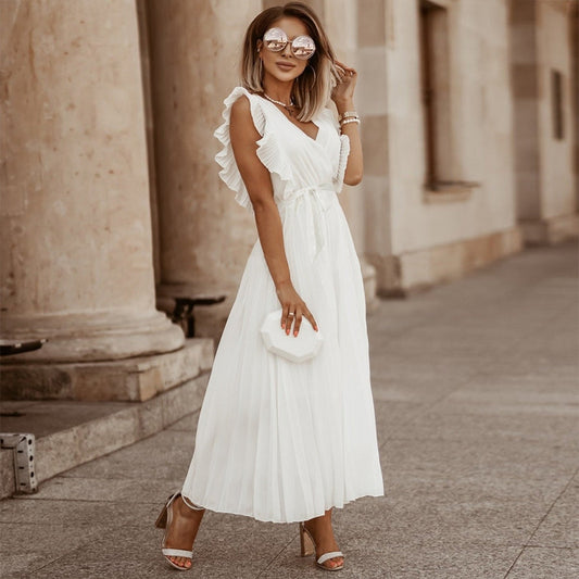 Abito lungo elegante in chiffon con maniche a volant – Perfetto per l’estate 2025 TIAMUSE Abito