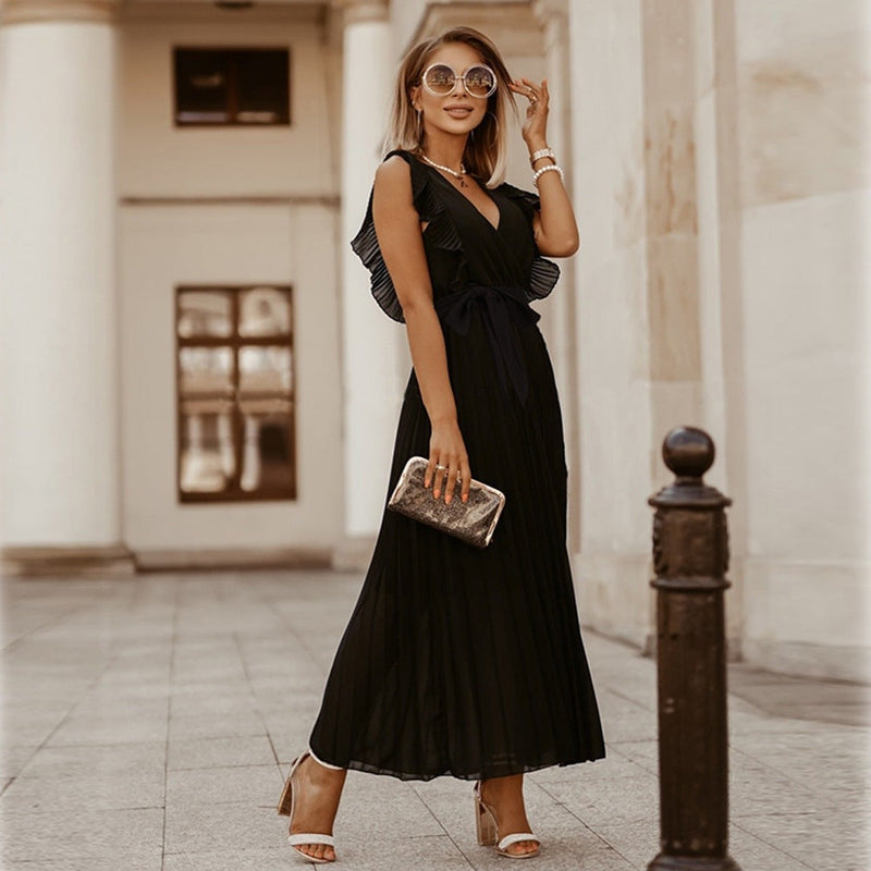 Abito lungo elegante in chiffon con maniche a volant – Perfetto per l’estate 2025 TIAMUSE Abito