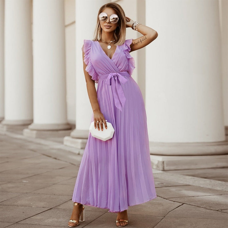 Abito lungo elegante in chiffon con maniche a volant – Perfetto per l’estate 2025 TIAMUSE Abito