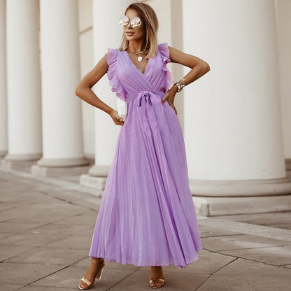 Abito lungo elegante in chiffon con maniche a volant – Perfetto per l’estate 2025 TIAMUSE Abito