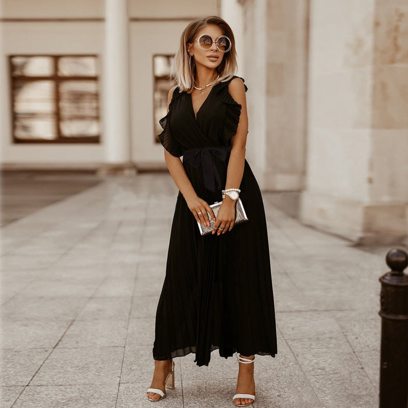 Abito lungo elegante in chiffon con maniche a volant – Perfetto per l’estate 2025 TIAMUSE Abito