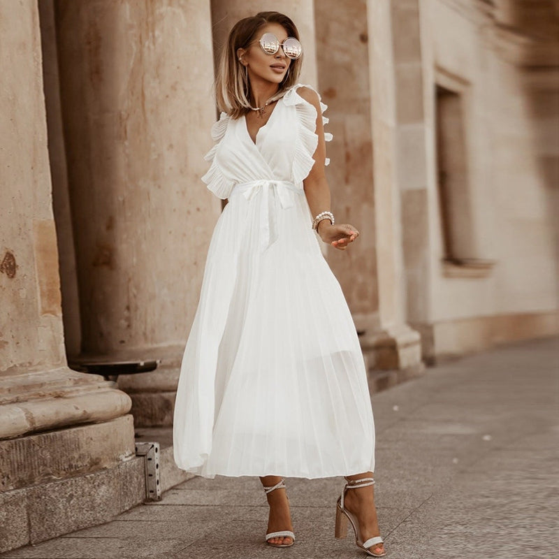 Abito lungo elegante in chiffon con maniche a volant – Perfetto per l’estate 2025 TIAMUSE Abito