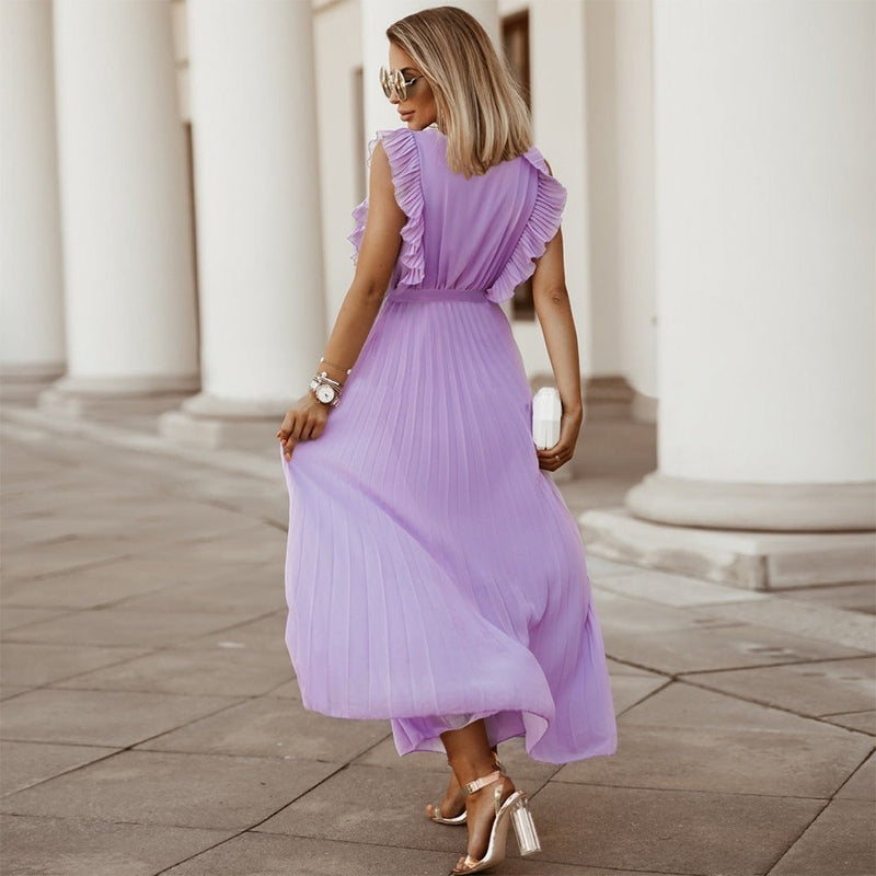 Abito lungo elegante in chiffon con maniche a volant – Perfetto per l’estate 2025 TIAMUSE Abito