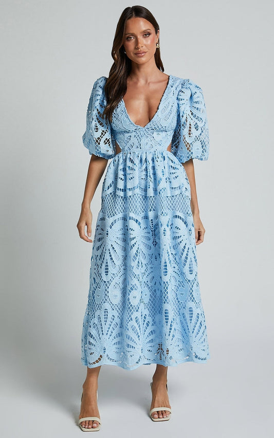 Abito midi romantico in pizzo con scollo a V – Perfetto per l’estate e le occasioni speciali TIAMUSE Abito GLAM
