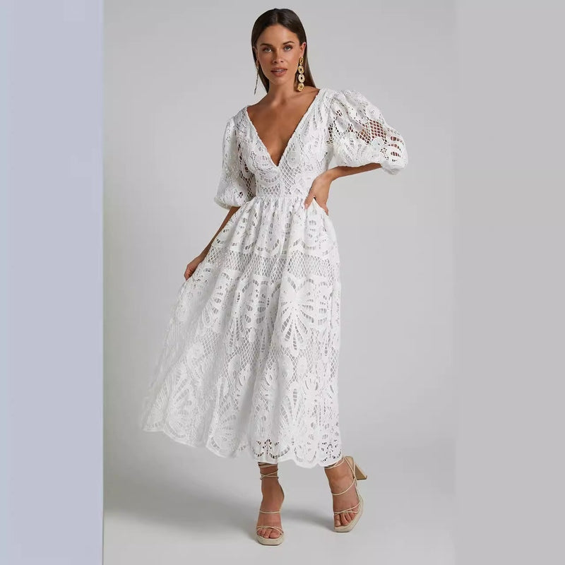 Abito midi romantico in pizzo con scollo a V – Perfetto per l’estate e le occasioni speciali TIAMUSE Abito GLAM