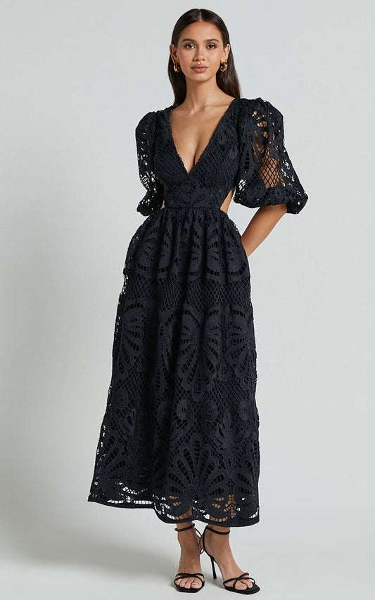 Abito midi romantico in pizzo con scollo a V – Perfetto per l’estate e le occasioni speciali TIAMUSE Abito GLAM