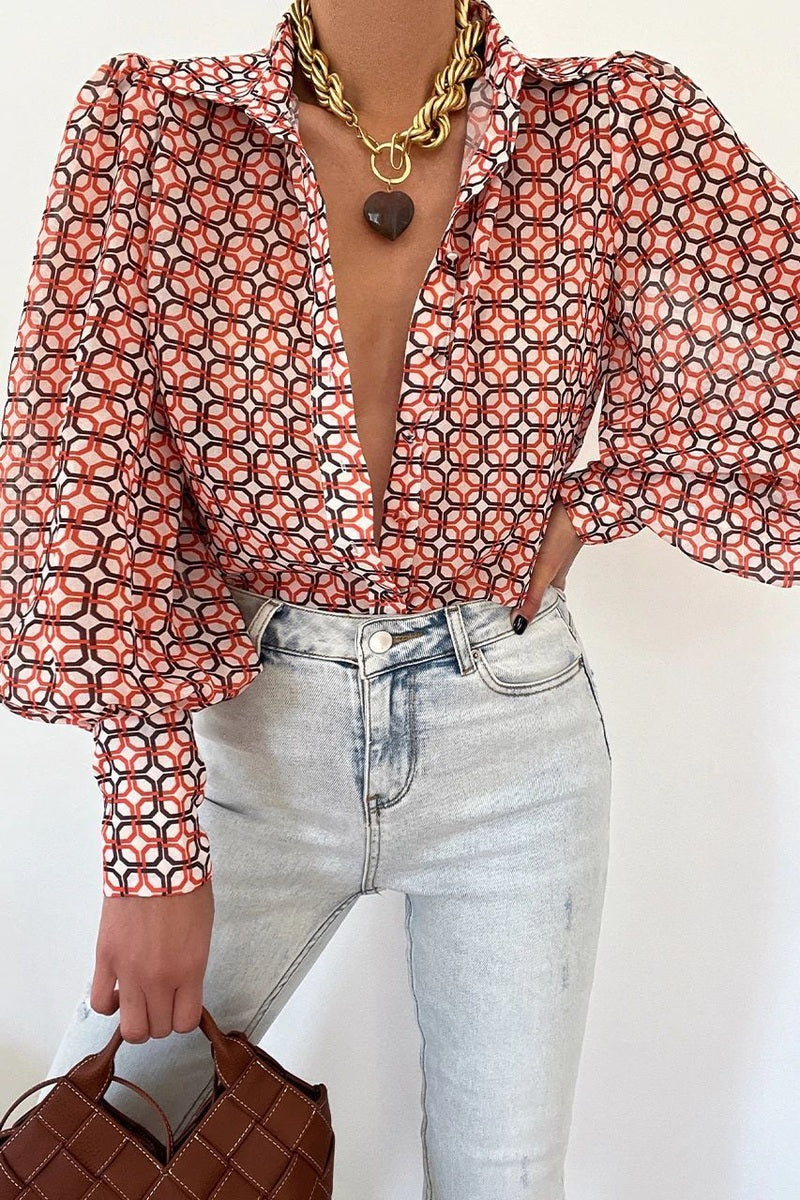 Blusa donna con stampa colorata – Colletto e chiusura frontale per un look casual TIAMUSE Top