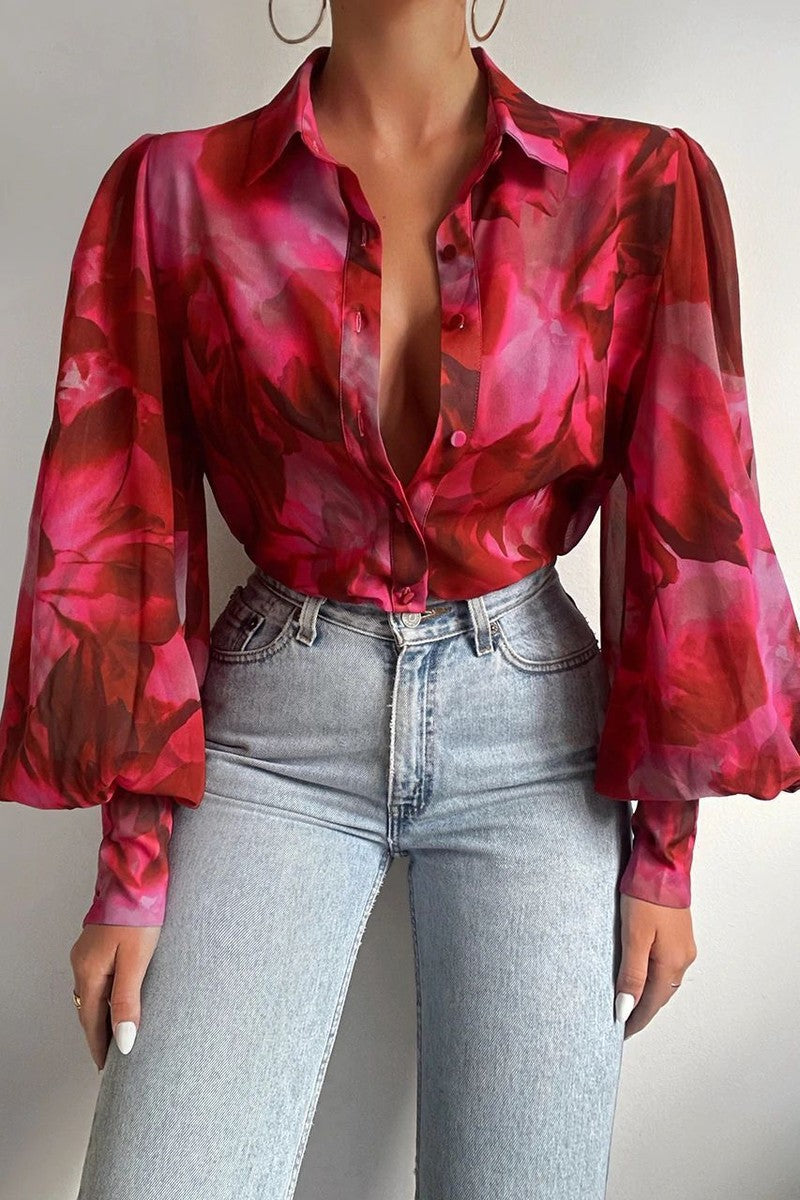 Blusa donna con stampa colorata – Colletto e chiusura frontale per un look casual TIAMUSE Top