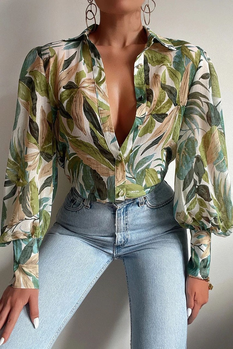 Blusa donna con stampa colorata – Colletto e chiusura frontale per un look casual TIAMUSE Top