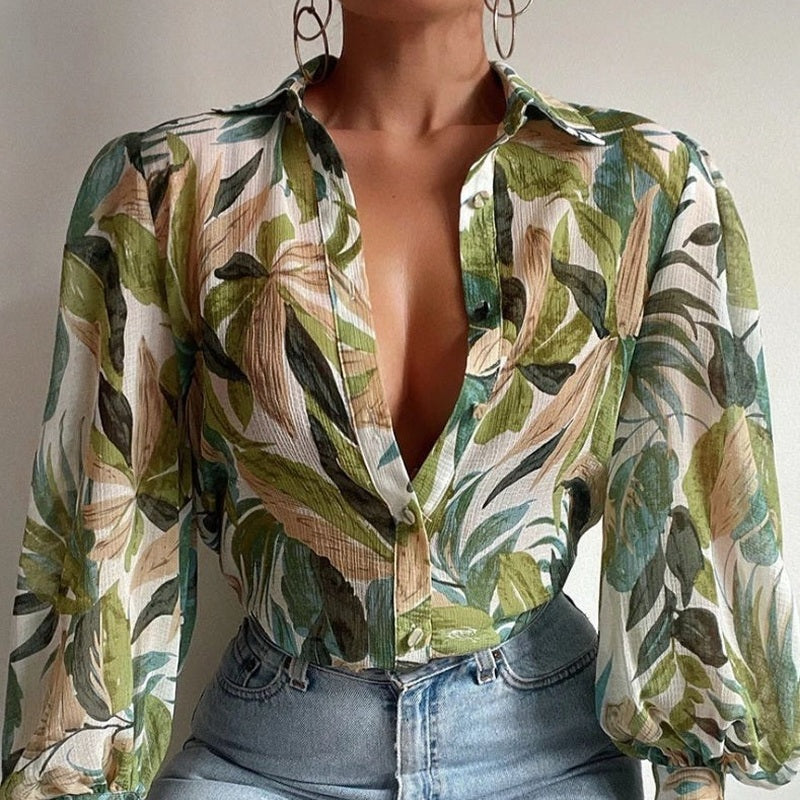 Blusa donna con stampa colorata – Colletto e chiusura frontale per un look casual TIAMUSE Top