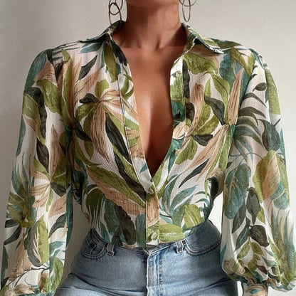 Blusa donna con stampa colorata – Colletto e chiusura frontale per un look casual TIAMUSE Top