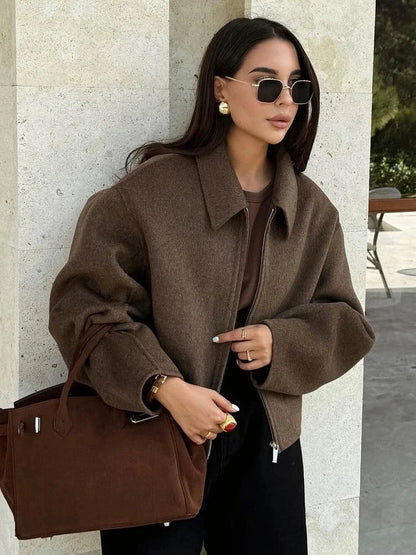 Cappotto Corto in Lana Marrone con Zip | Joalin TIAMUSE November
