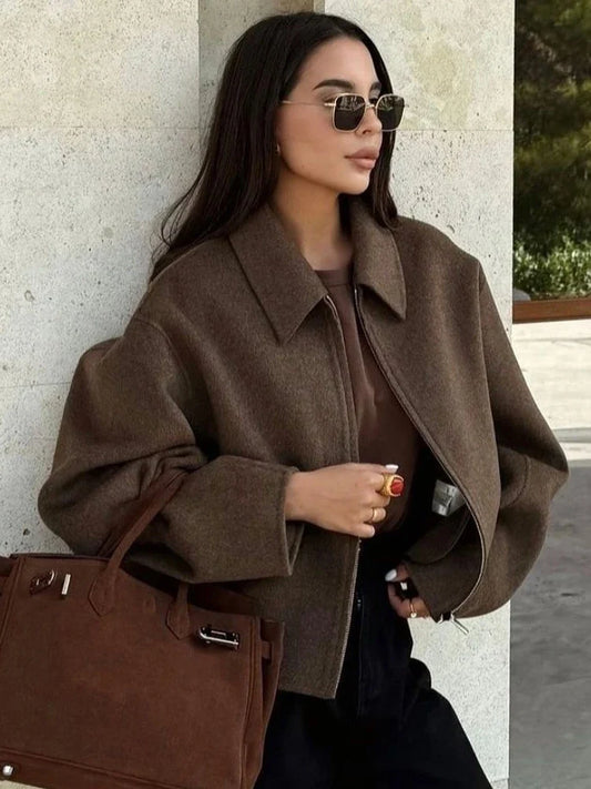 Cappotto Corto in Lana Marrone con Zip | Joalin TIAMUSE November