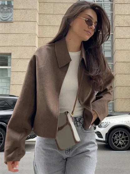 Cappotto Corto in Lana Marrone con Zip | Joalin TIAMUSE November