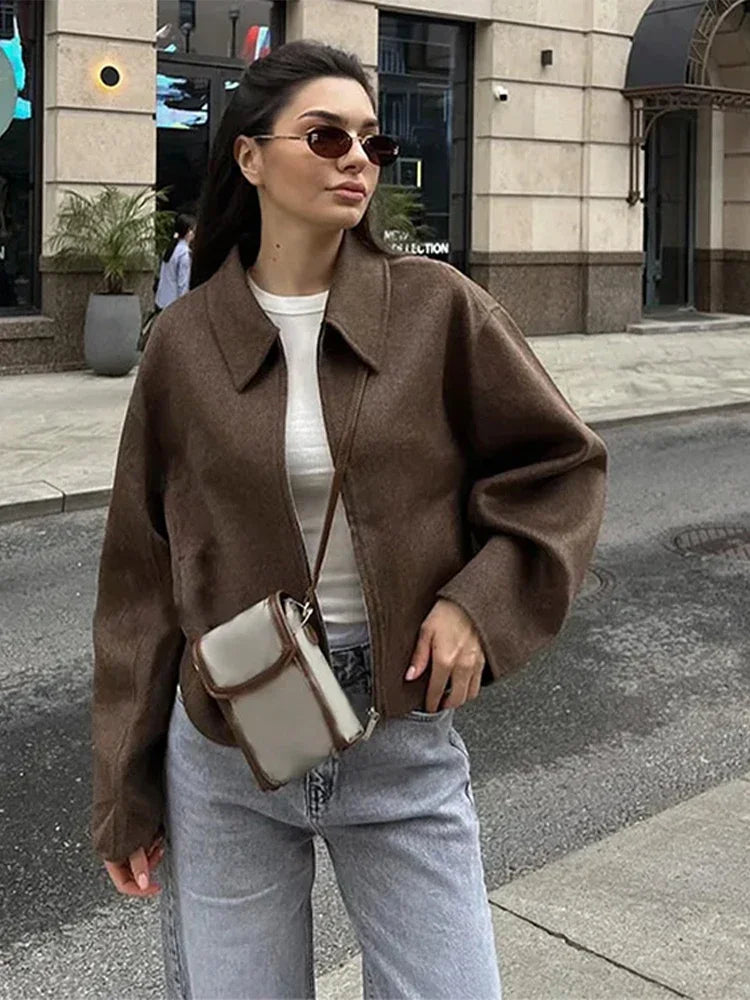 Cappotto Corto in Lana Marrone con Zip | Joalin TIAMUSE November
