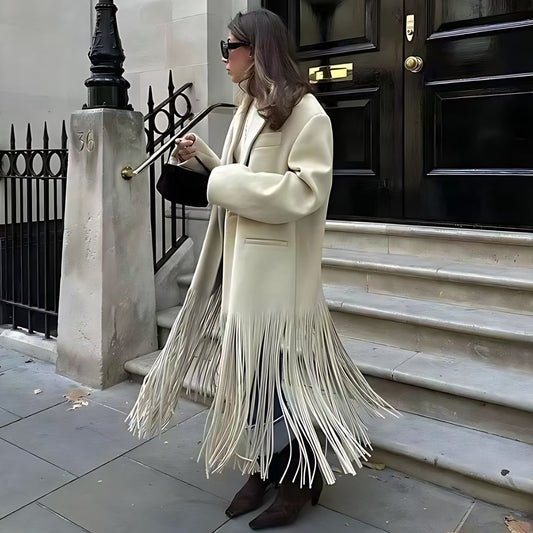 Cappotto Elegante in Bianco crema con Dettaglio Frange TIAMUSE Outwear
