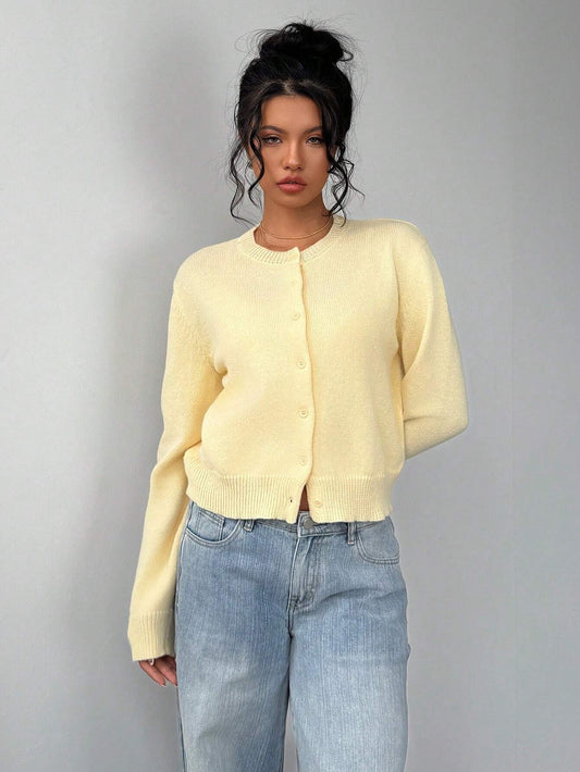 Cardigan Donna Casual Giallo | Maglione Corto Slim con Scollo Rotondo TIAMUSE Cardigan