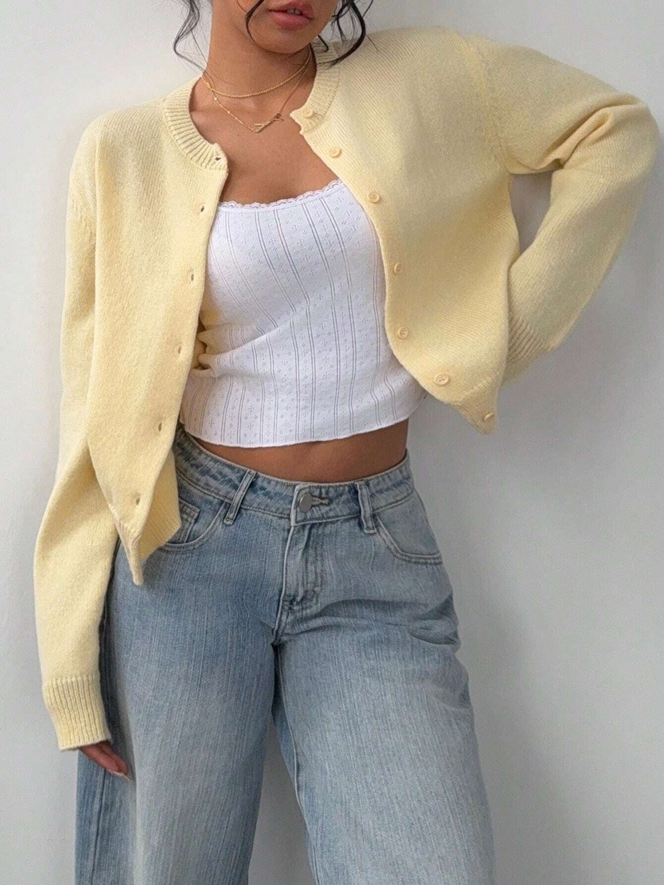 Cardigan Donna Casual Giallo | Maglione Corto Slim con Scollo Rotondo TIAMUSE Cardigan