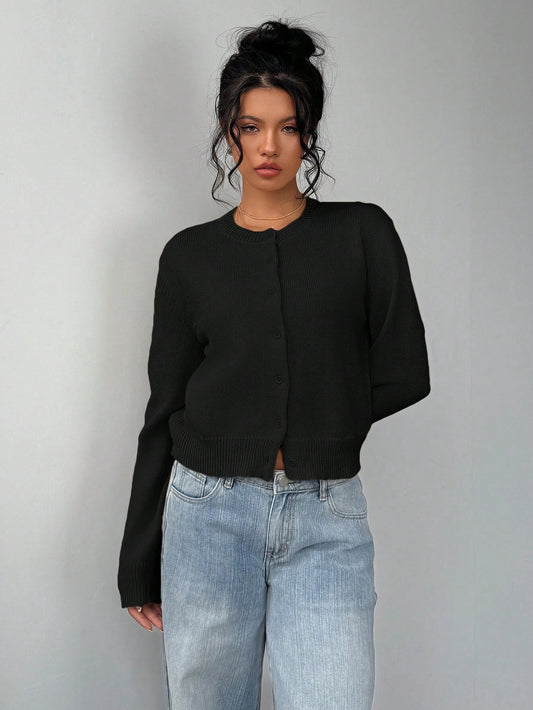 Cardigan Donna Casual Nero | Maglione Corto Slim con Scollo Rotondo TIAMUSE Cardigan