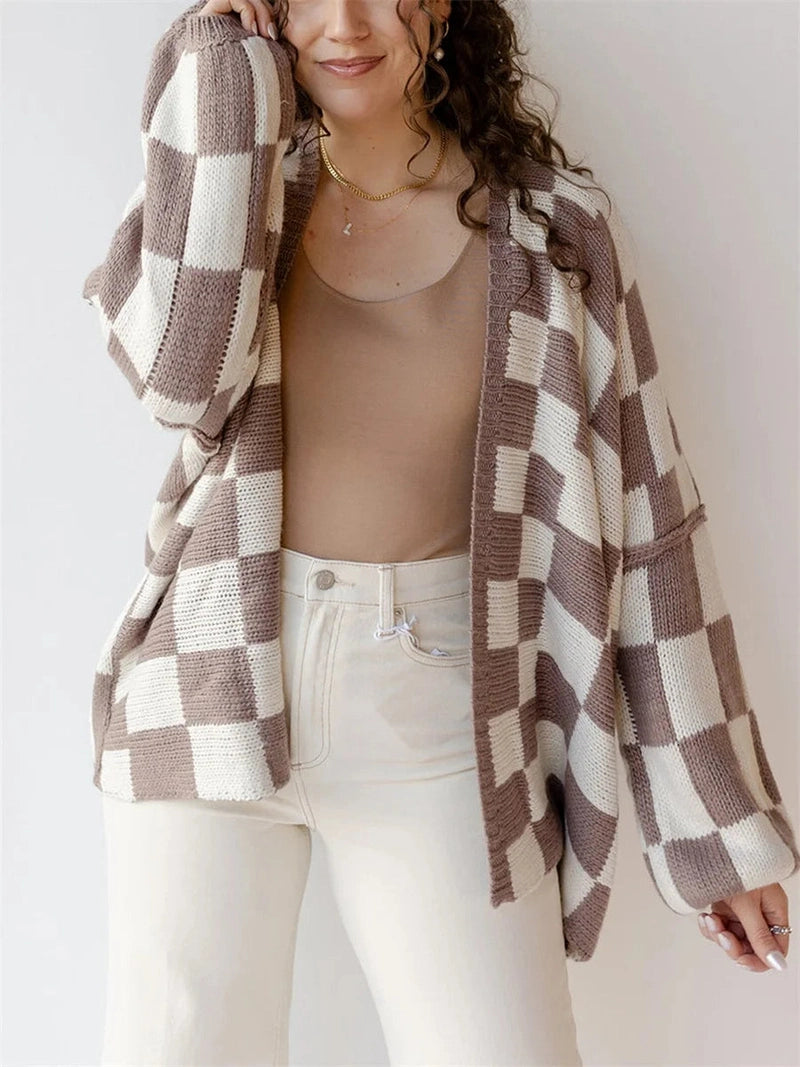 Cardigan Donna Oversize a Scacchi con Apertura Frontale | Autunno/Inverno 2025 TIAMUSE
