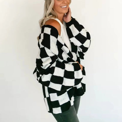 Cardigan Donna Oversize a Scacchi con Apertura Frontale | Autunno/Inverno 2025 TIAMUSE