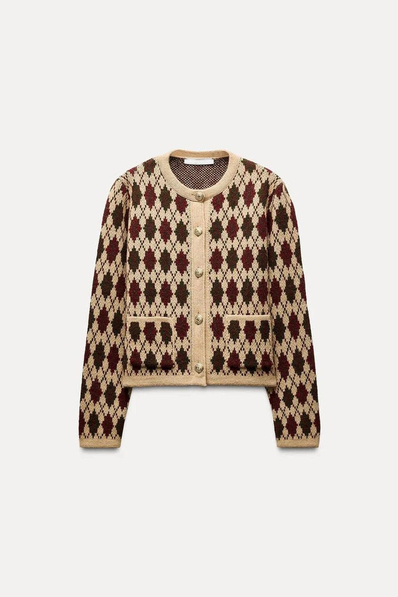 Cardigan Donna Tricot con Motivo a Diamante con Collo Rotondo | Autunno 2025 TIAMUSE Cardigan