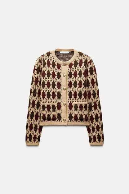 Cardigan Donna Tricot con Motivo a Diamante con Collo Rotondo | Autunno 2025 TIAMUSE Cardigan