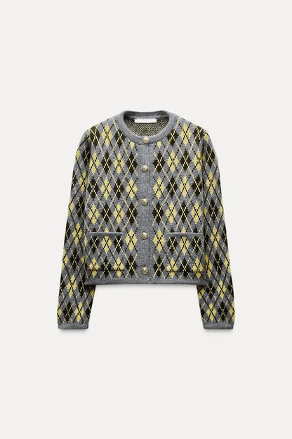 Cardigan Donna Tricot con Motivo a Diamante con Collo Rotondo | Autunno 2025 TIAMUSE Cardigan