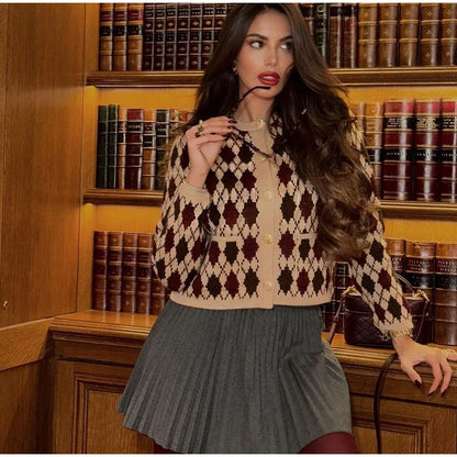 Cardigan Donna Tricot con Motivo a Diamante con Collo Rotondo | Autunno 2025 TIAMUSE Cardigan
