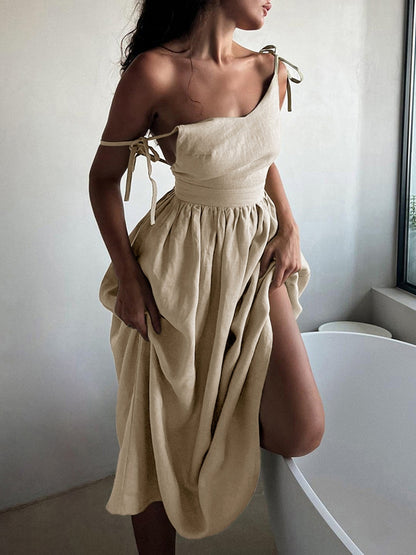 Clarisa Maxidress alla Moda in Cotone-Lino con Schiena Scoperta | Abito Estivo con Scollo a V per Tutti i Giorni TIAMUSE Dresses