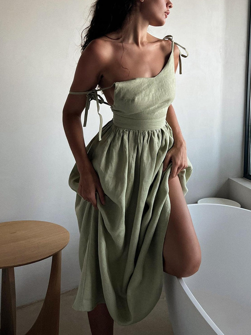 Clarisa Maxidress alla Moda in Cotone-Lino con Schiena Scoperta | Abito Estivo con Scollo a V per Tutti i Giorni TIAMUSE Dresses