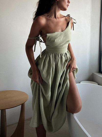 Clarisa Maxidress alla Moda in Cotone-Lino con Schiena Scoperta | Abito Estivo con Scollo a V per Tutti i Giorni TIAMUSE Dresses