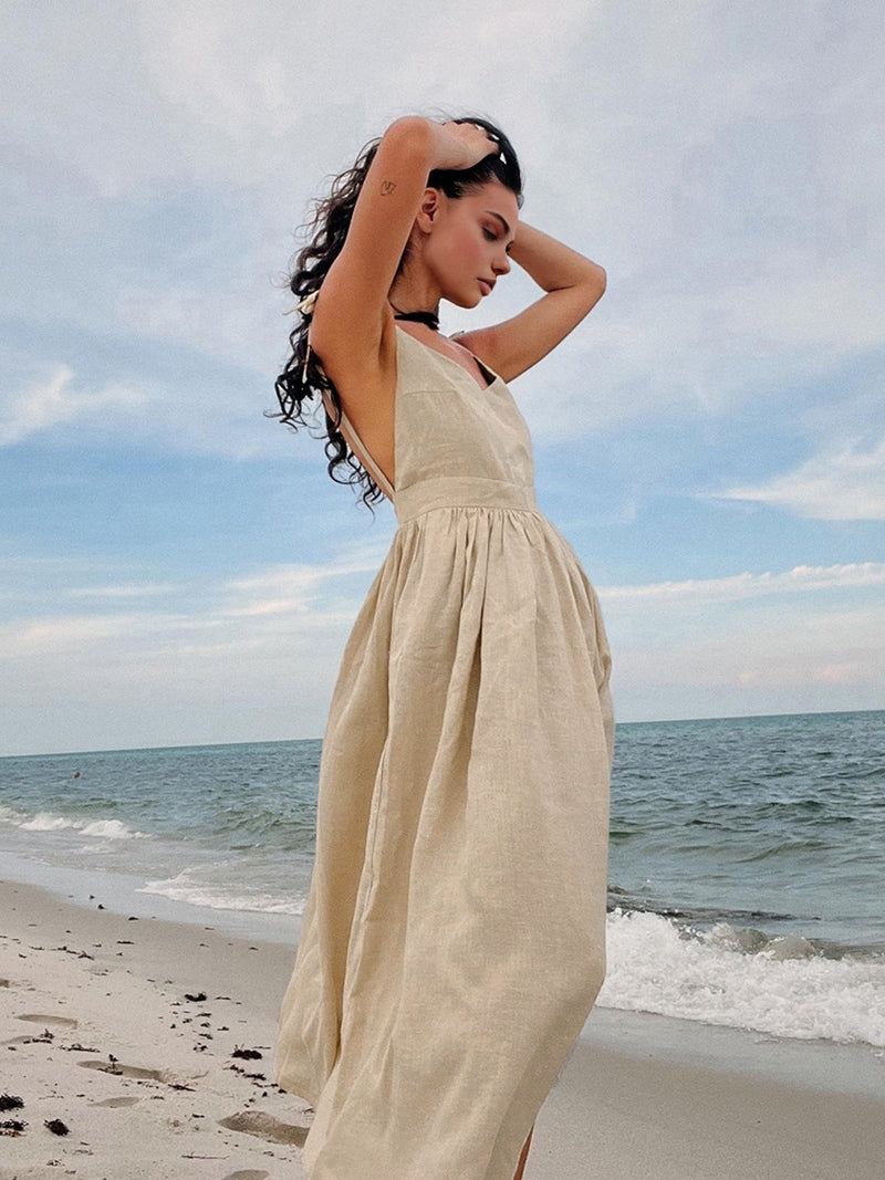 Clarisa Maxidress alla Moda in Cotone-Lino con Schiena Scoperta | Abito Estivo con Scollo a V per Tutti i Giorni TIAMUSE Dresses