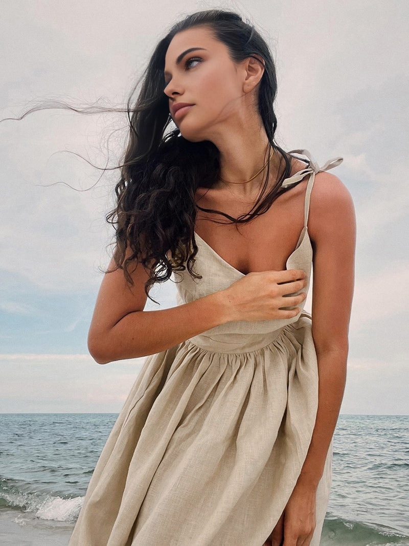 Clarisa Maxidress alla Moda in Cotone-Lino con Schiena Scoperta | Abito Estivo con Scollo a V per Tutti i Giorni TIAMUSE Dresses