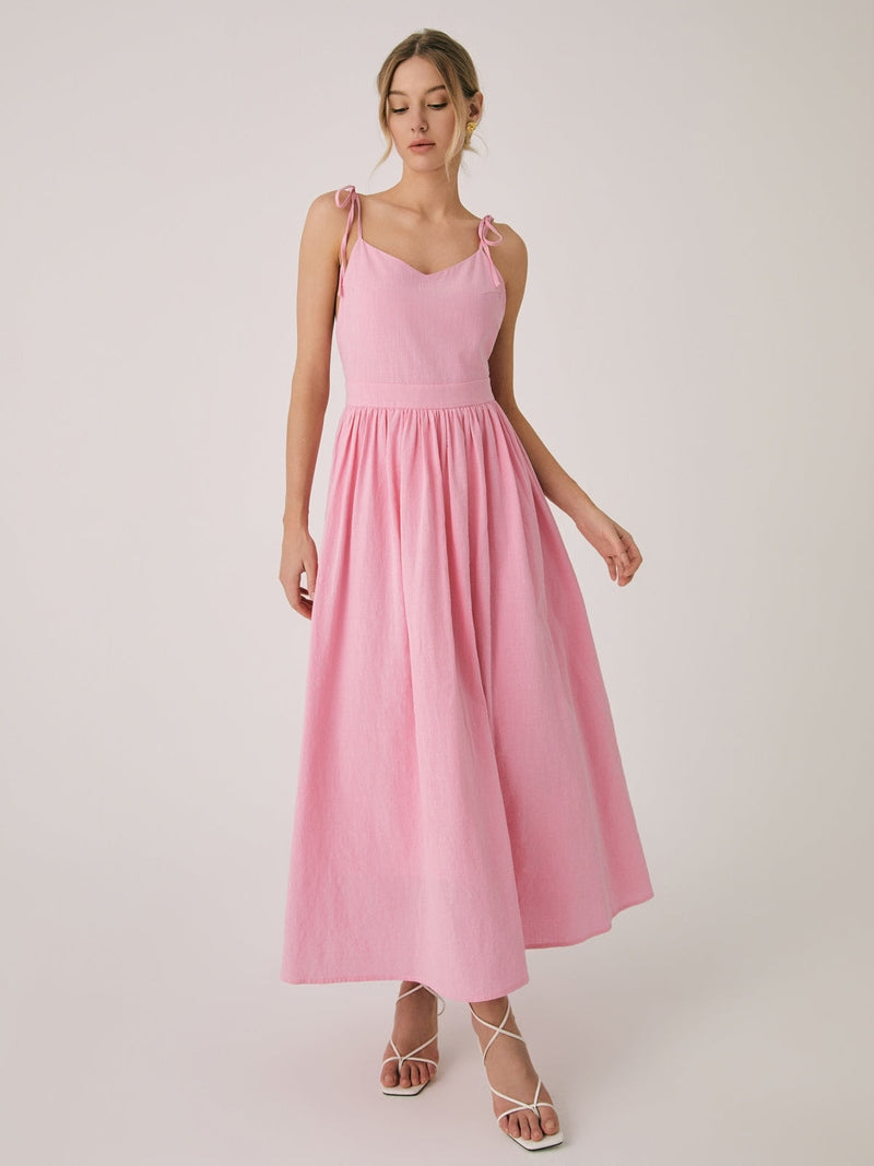 Clarisa Rosa Maxidress alla Moda in Cotone-Lino con Schiena Scoperta | Abito Estivo con Scollo a V per Tutti i Giorni TIAMUSE Dresses