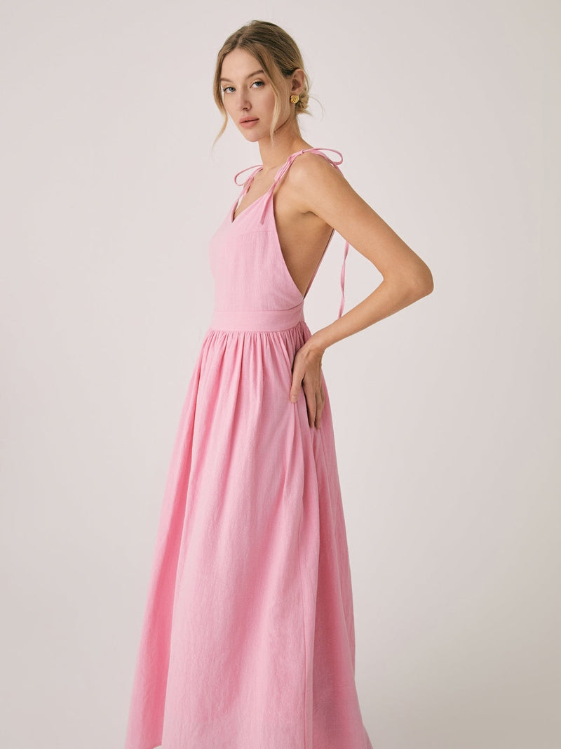 Clarisa Rosa Maxidress alla Moda in Cotone-Lino con Schiena Scoperta | Abito Estivo con Scollo a V per Tutti i Giorni TIAMUSE Dresses