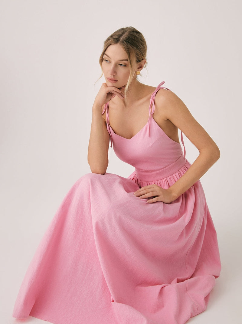 Clarisa Rosa Maxidress alla Moda in Cotone-Lino con Schiena Scoperta | Abito Estivo con Scollo a V per Tutti i Giorni TIAMUSE Dresses