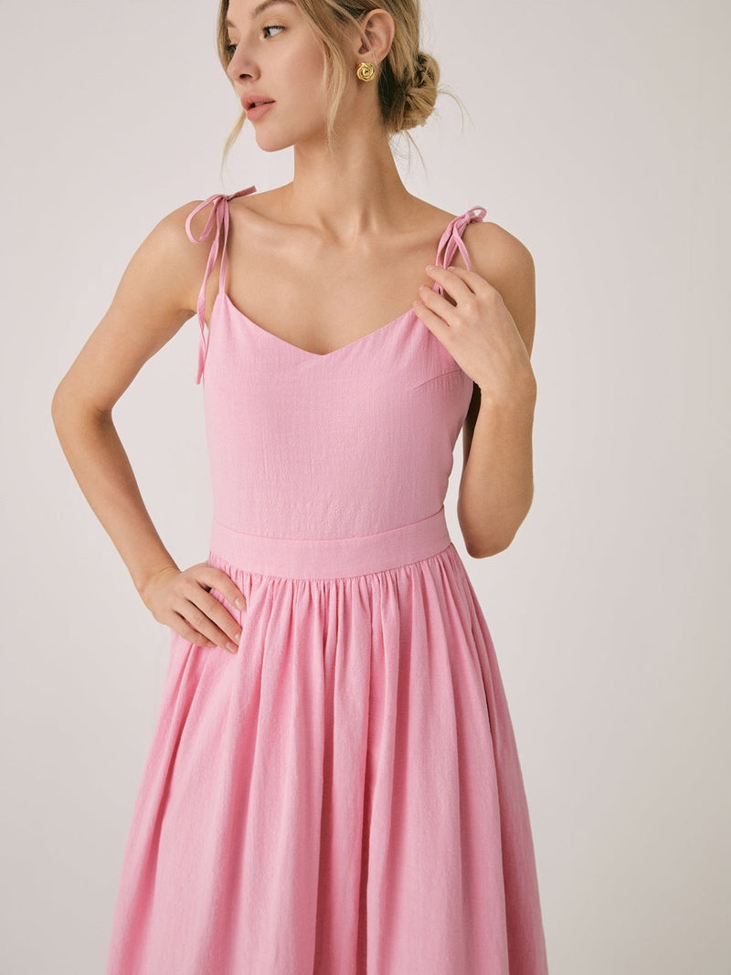 Clarisa Rosa Maxidress alla Moda in Cotone-Lino con Schiena Scoperta | Abito Estivo con Scollo a V per Tutti i Giorni TIAMUSE Dresses