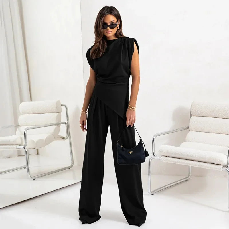 Completo Donna Chic con Top Asimmetrico e Pantaloni a Vita Alta – Set Elegante Estivo TIAMUSE Completo Donna