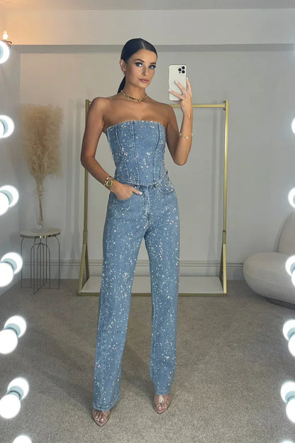 Completo Donna con Strass 2025 | Jeans in Denim e Top Brillante per Feste e Serate TIAMUSE Sets