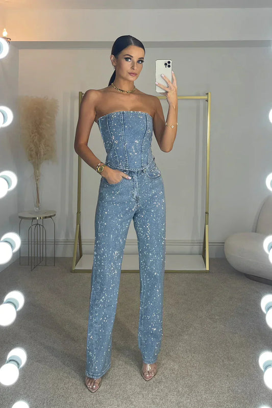 Completo Donna con Strass 2025 | Jeans in Denim e Top Brillante per Feste e Serate TIAMUSE Sets