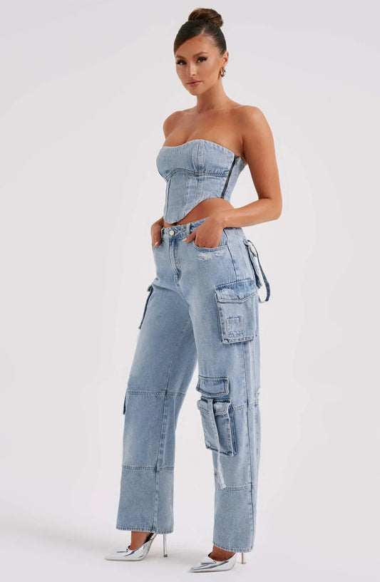 Completo Donna in Denim con Corsetto e Cargo Pants TIAMUSE