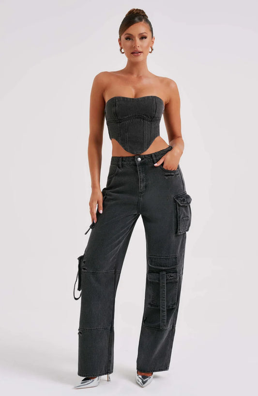 Completo Donna in Denim con Corsetto e Cargo Pants TIAMUSE