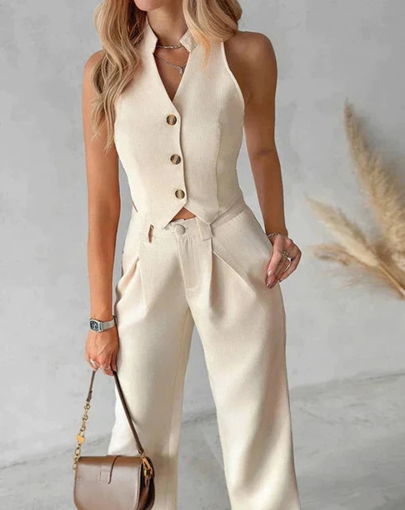 Completo Due Pezzi Donna Melani | Gilet Senza Maniche con Bottoni & Pantaloni Dritti per Primavera/Estate TIAMUSE 2-Piece Sets