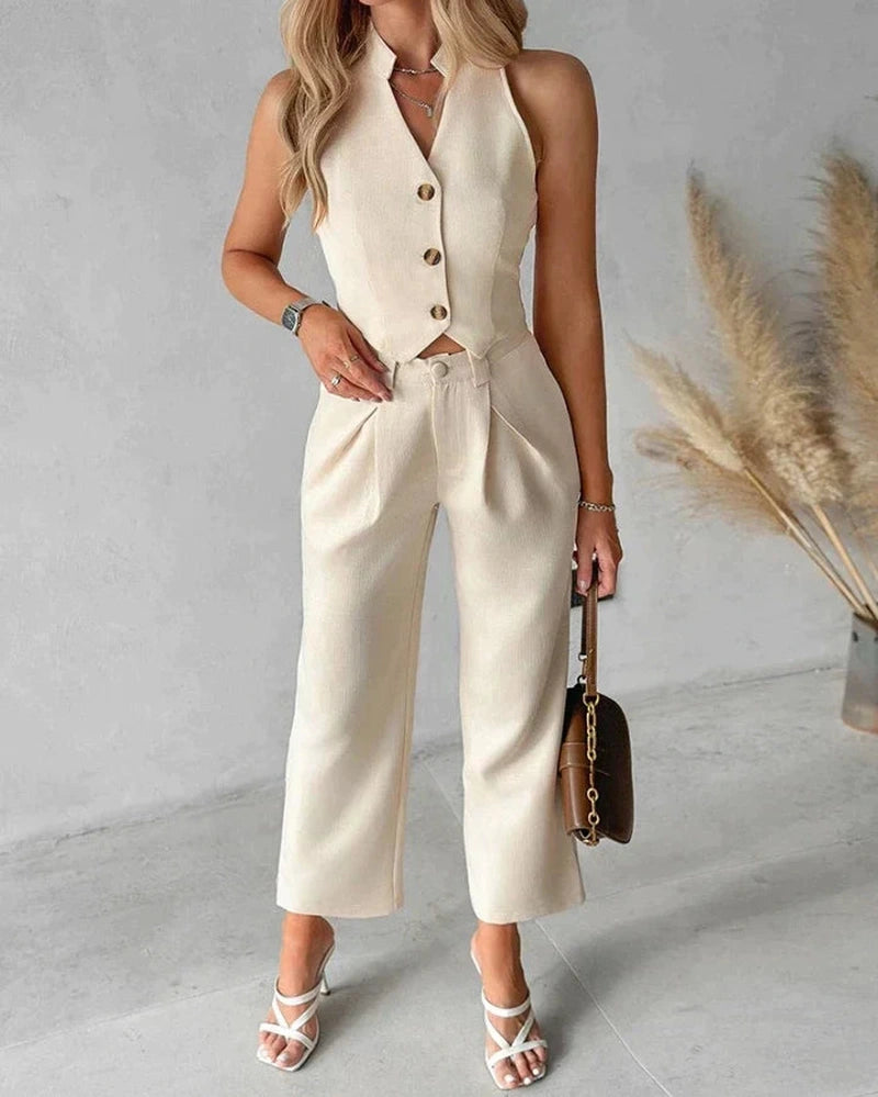 Completo Due Pezzi Donna Melani | Gilet Senza Maniche con Bottoni & Pantaloni Dritti per Primavera/Estate TIAMUSE 2-Piece Sets
