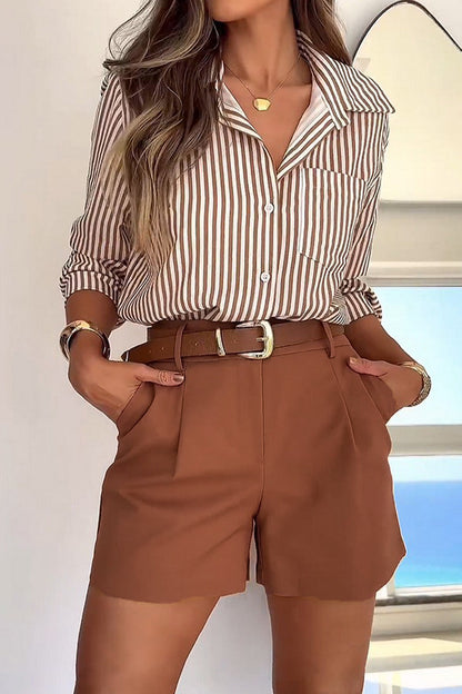 Completo a Righe Due Pezzi Donna Diana | Camicia a Maniche Lunghe & Shorts a Vita Alta TIAMUSE Two Pieces/Two-Piece Short Set