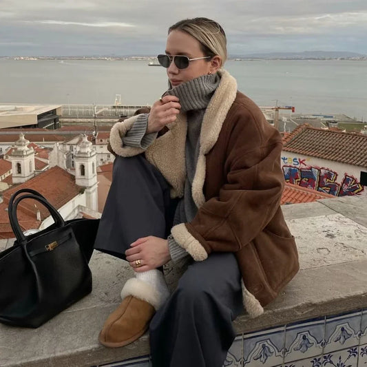 Giacca Invernale Donna Tipo Montone | Calda e Chic in Ecopelle Marrone con Colletto Morbido TIAMUSE Outwear